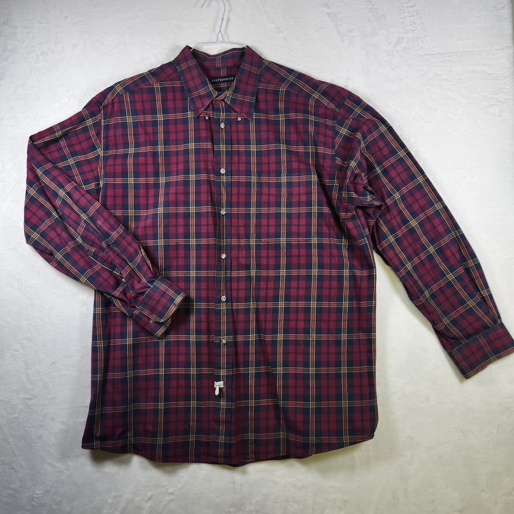 Hathaway‎ Plaid Button Down Shirt XXL Red Navy Gold Long Sleeve Cotton Classic